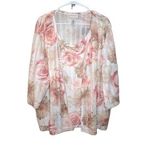 Alfred Dunner Women Combo Top Cardigan With Tank Floral Roses Size Plus 2X